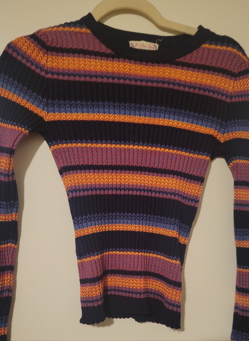 It's Our Time Striped Ribbed Knit Sweater - Navy with Orange & Purple Stripes